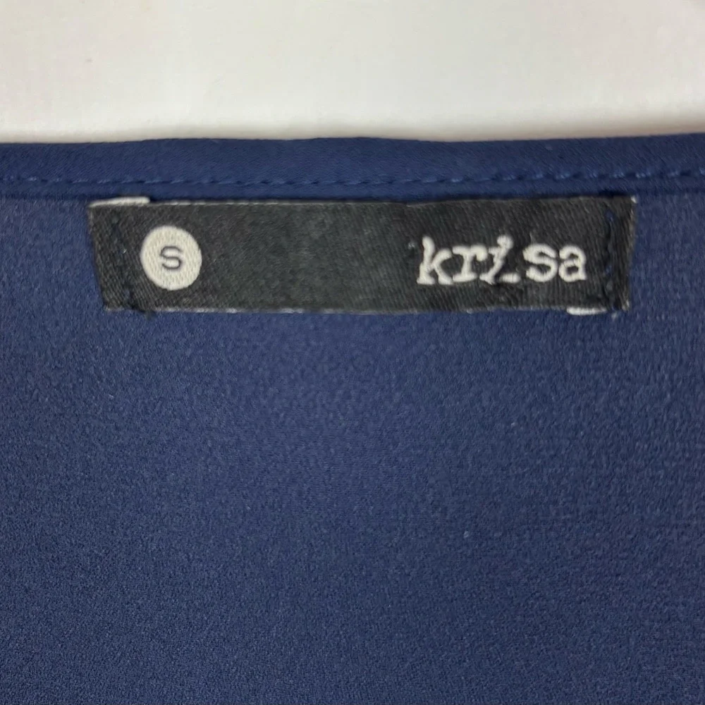 Krisa Top Size Small Navy Blue Chiffon Layered Tie Front Long Sleeve V Neck - Picture 5 of 7